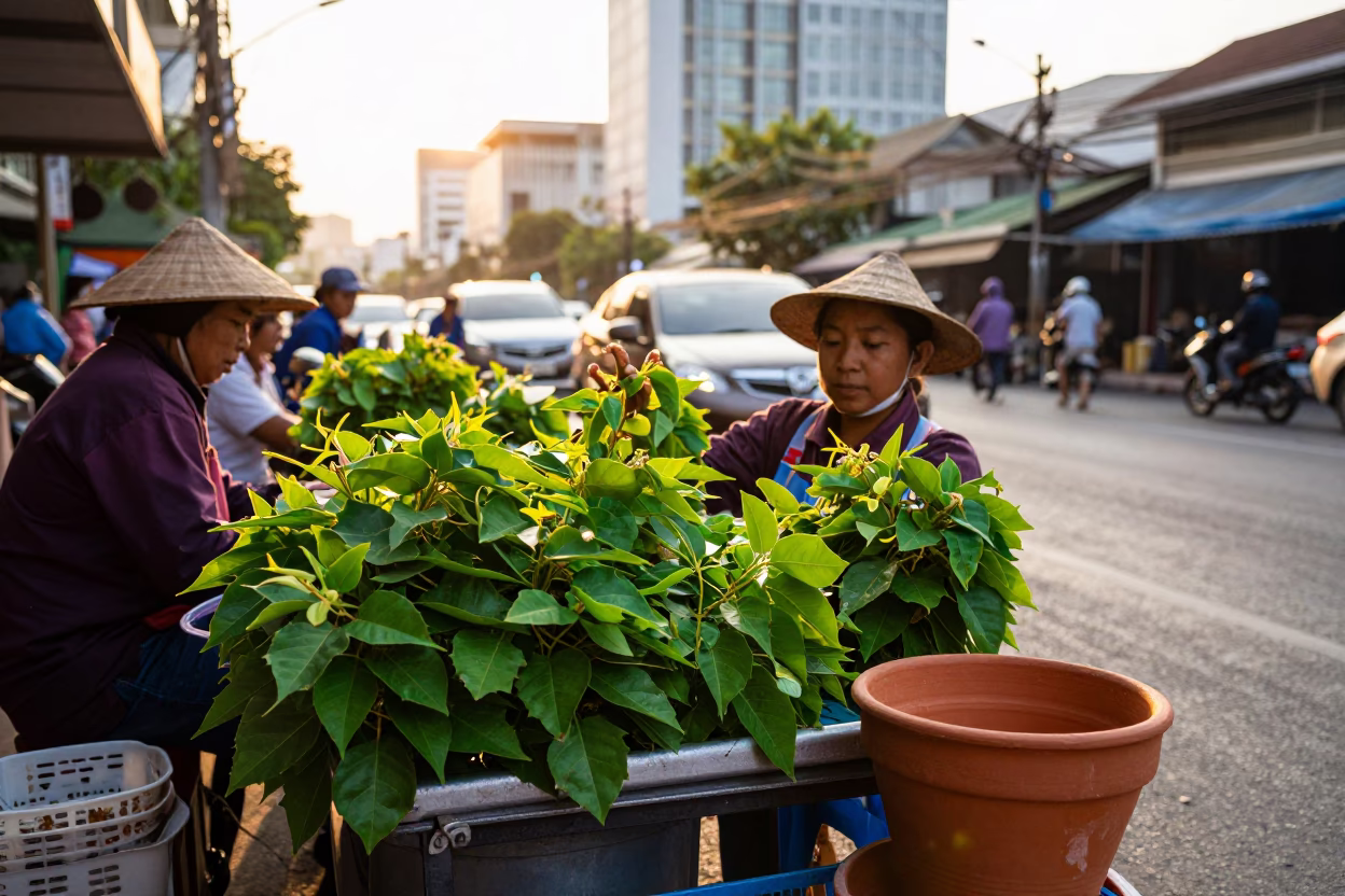 Bangkok Street Vendor Golden Hour Morning Glory and Terracotta Pot in in Bangkok, Thailand