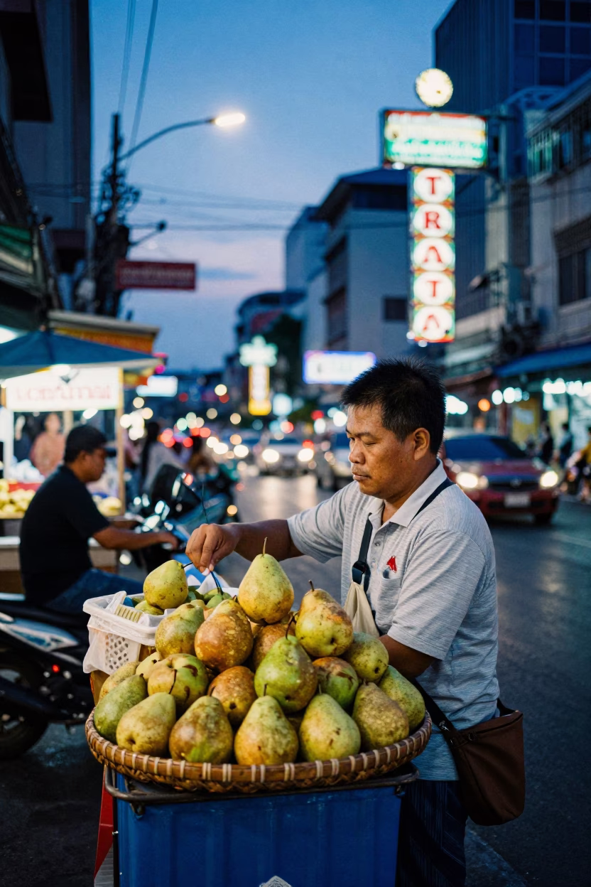 Bangkok Street Vendor in Indigo Twilight Selling Fresh Pears and Tiffin Tins in in Bangkok, Thailand