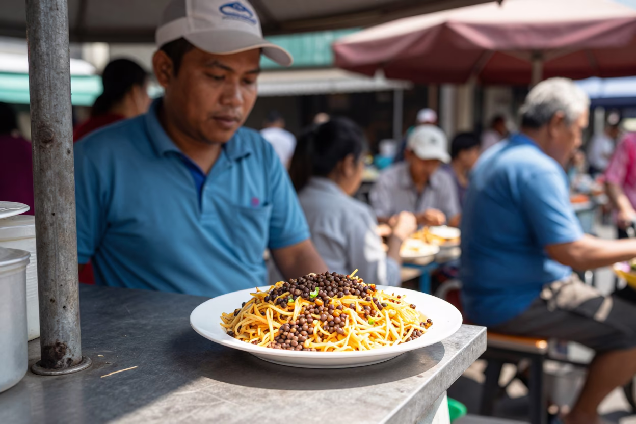 Bangkok Street Vendor Midmorning Light Serving Koshari with Lentils and Noodles in in Bangkok, Thailand