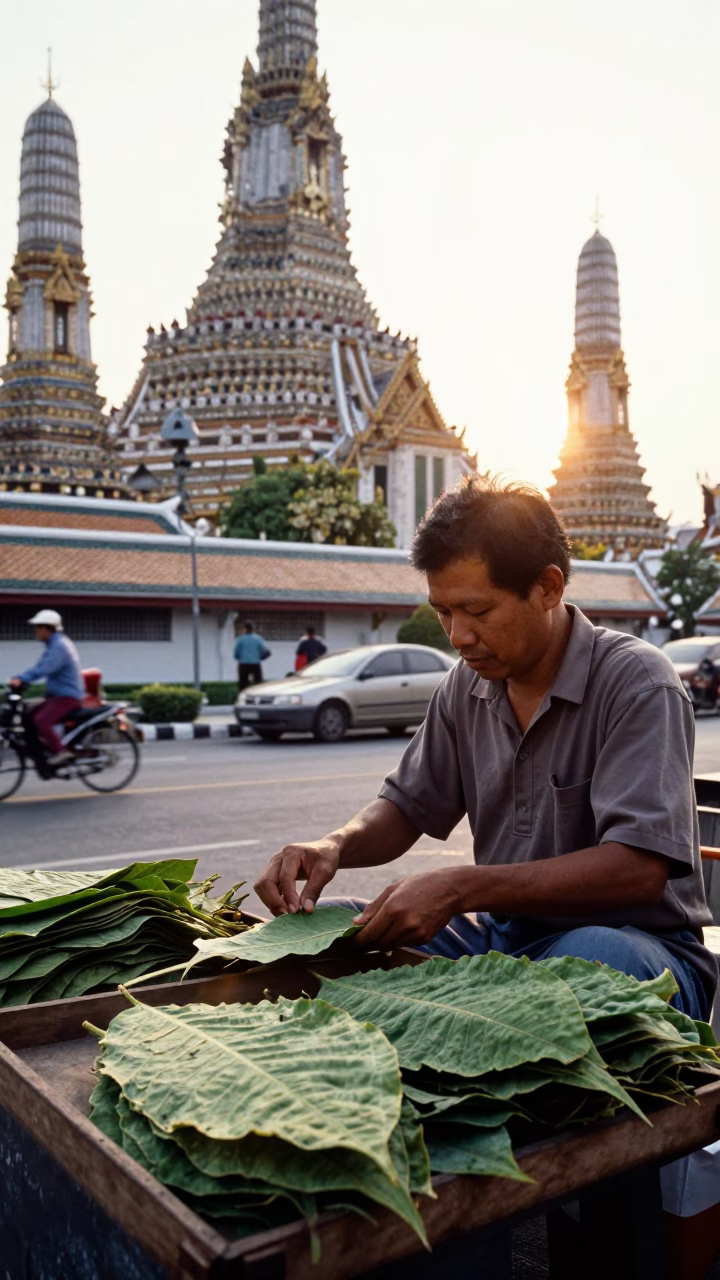 Bangkok street vendor morning with tobacco leaf and green bottle in in Bangkok, Thailand