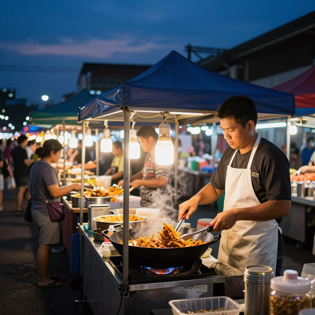 Bangkok Street Vendor Night Market Scene Under Indigo Twilight Sky in in Bangkok, Thailand