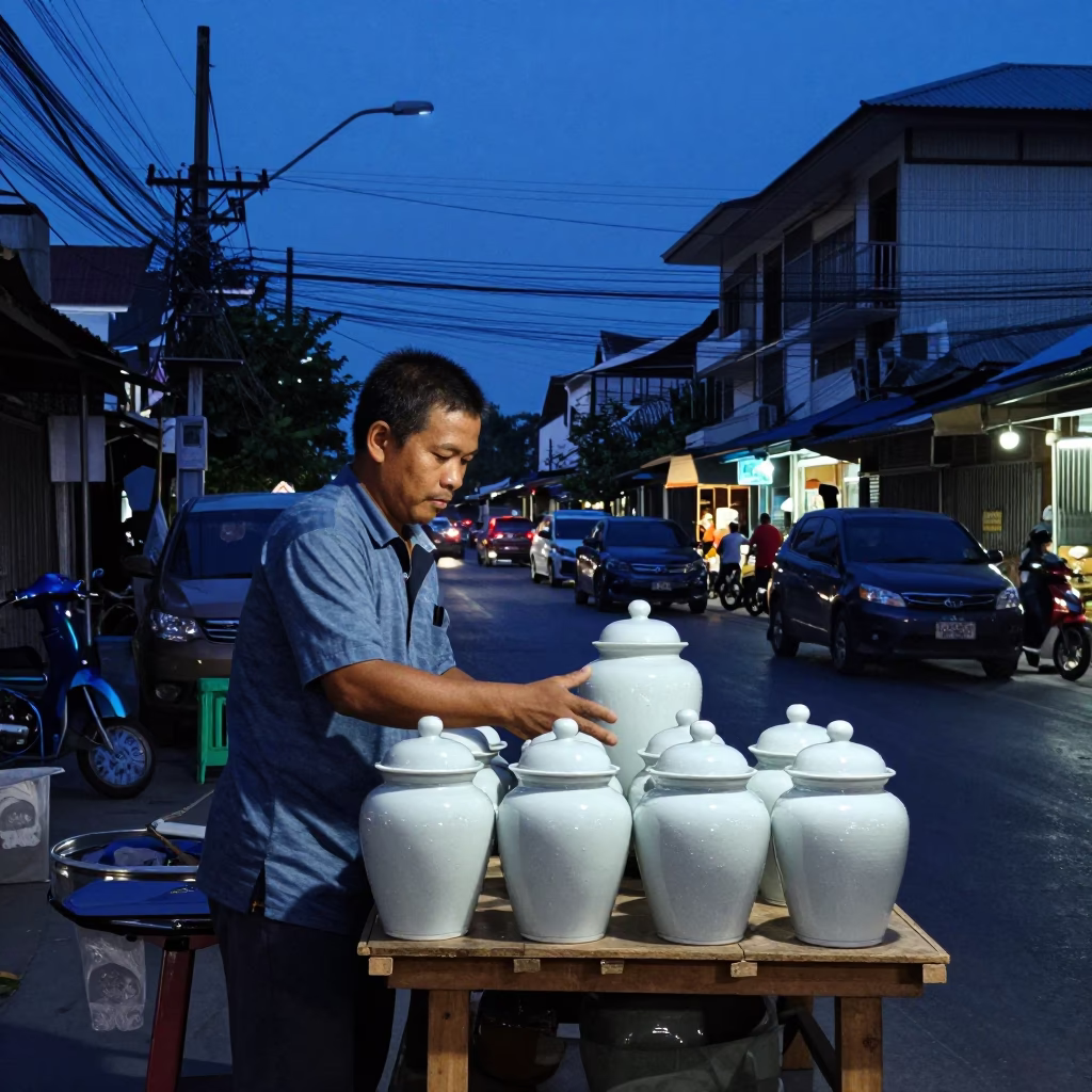 Bangkok Street Vendor Pre-Dawn Activity with Blue and White Porcelain and Twine in in Bangkok, Thailand