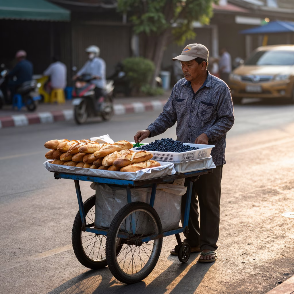 Bangkok Street Vendor Selling Blueberries and Fresh Bread at Nautical Dawn in in Bangkok, Thailand