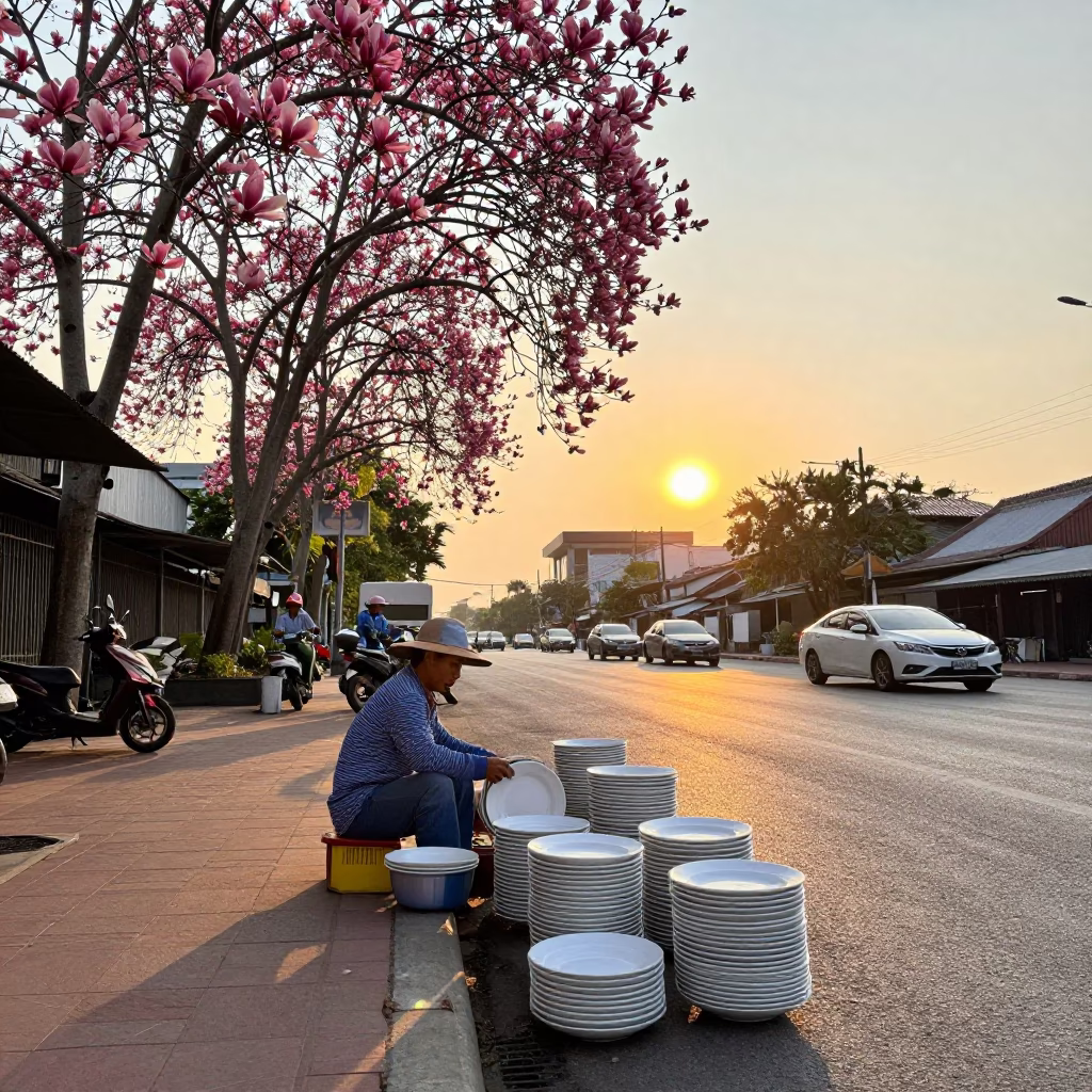 Bangkok Street Vendor Selling Ceramic Plates Under Magnolia Bloom at Sunset in in Bangkok, Thailand