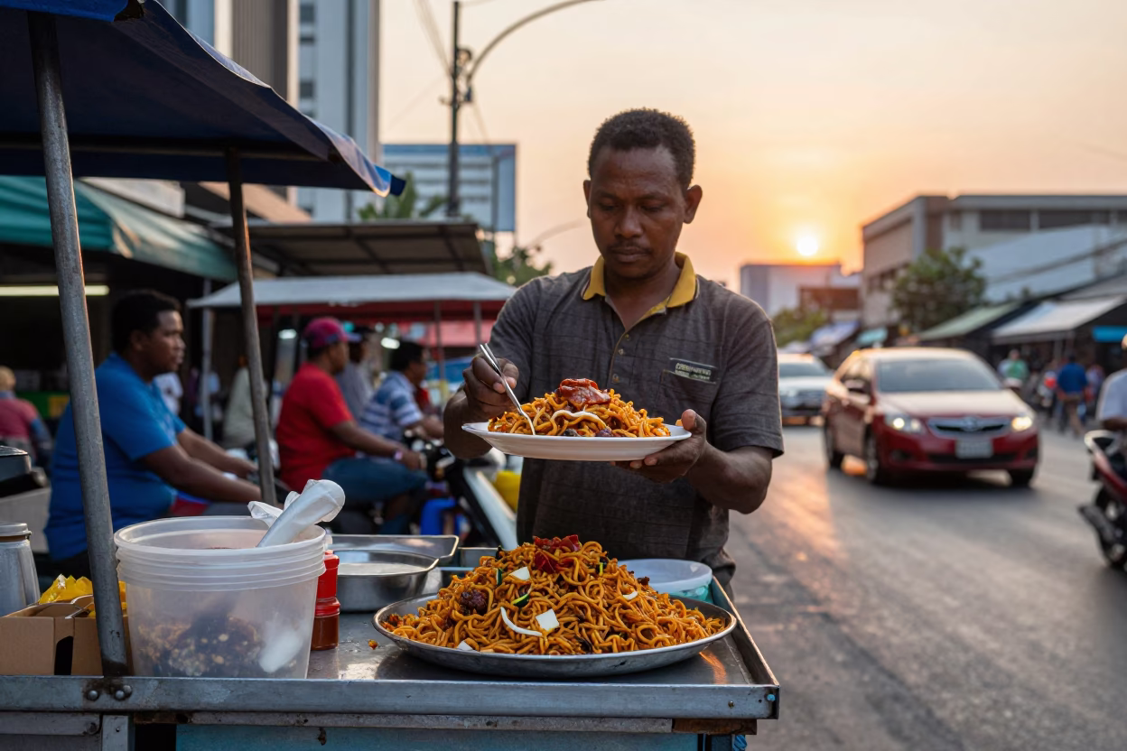 Bangkok street vendor selling Ghanaian waakye with shito sauce at sunset in in Bangkok, Thailand