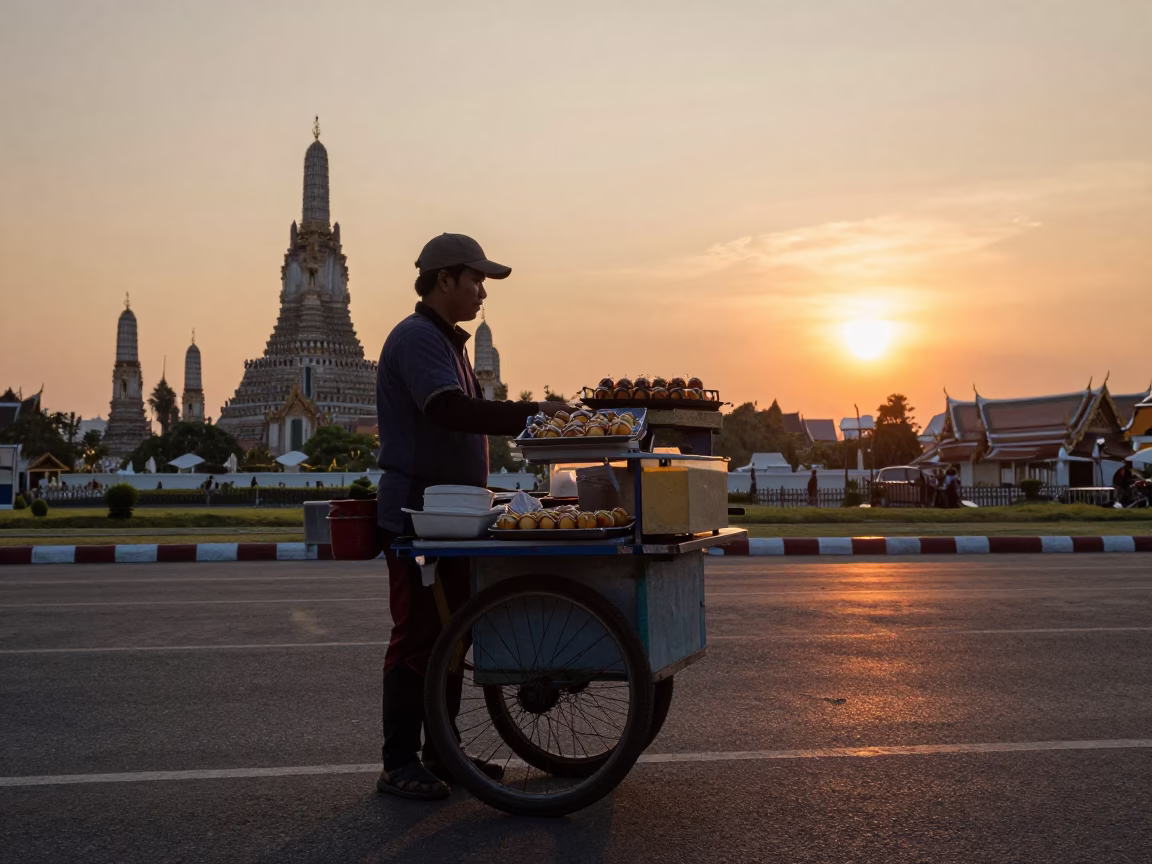 Bangkok Street Vendor Selling Takoyaki at Sunset Near Temple in in Bangkok, Thailand
