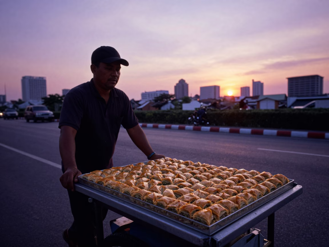 Bangkok street vendor selling Turkish baklava at sunset with honey dripping tray in in Bangkok, Thailand