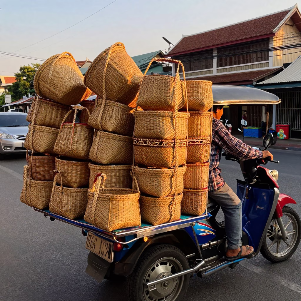 Bangkok street vendor selling woven baskets at golden hour in Thailand in in Bangkok, Thailand