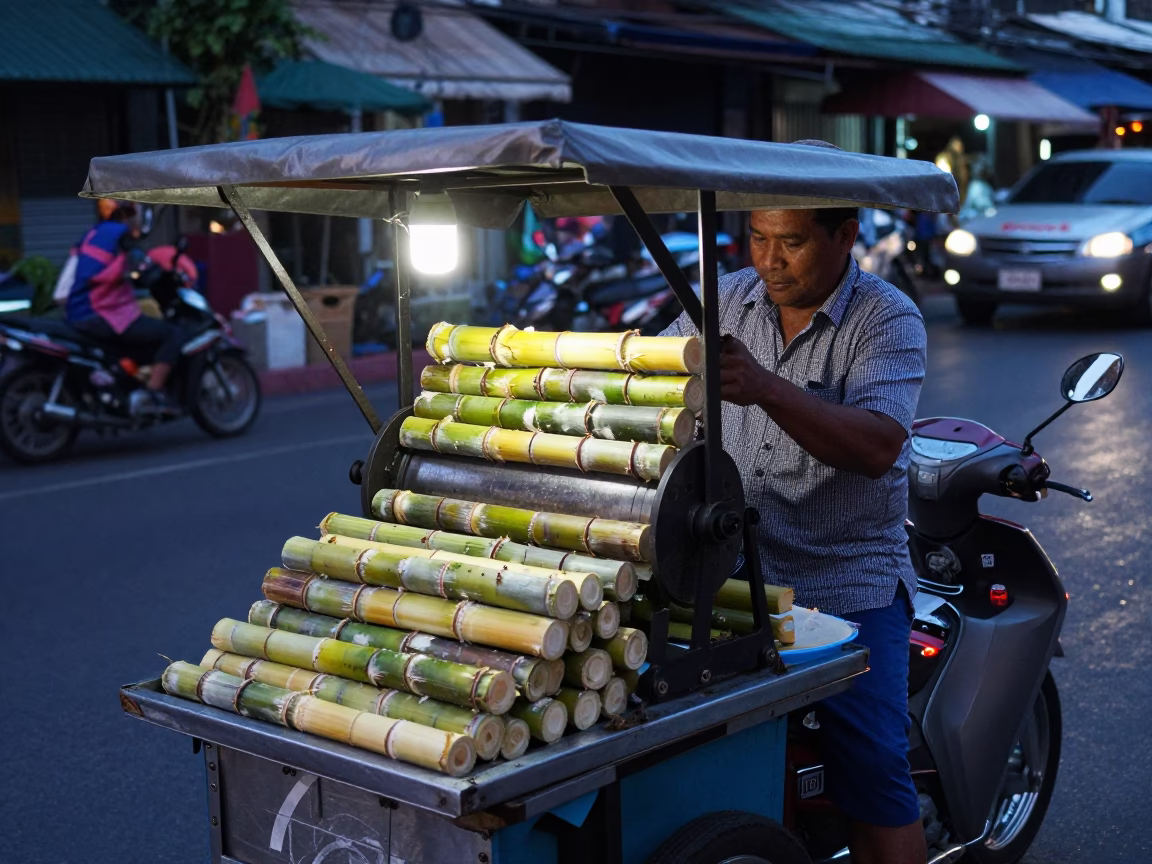 Bangkok Street Vendor Serving Fresh Sugarcane Juice Under Evening Blue Light in in Bangkok, Thailand
