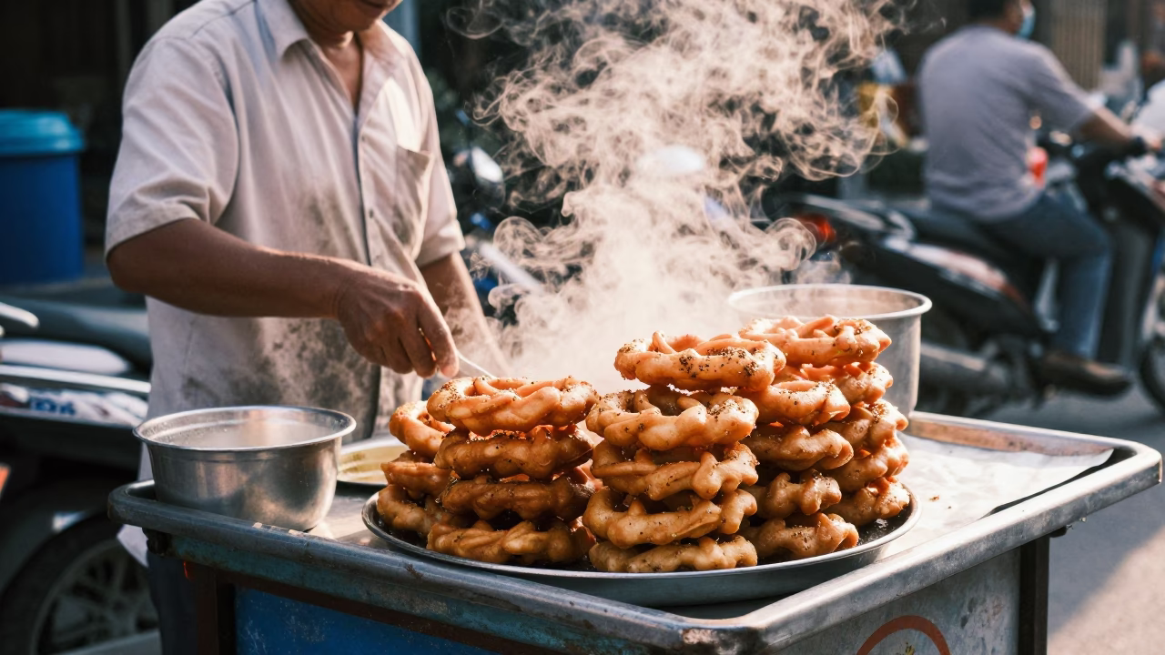 Bangkok street vendor serving hot mandazi with cardamom during early morning light in in Bangkok, Thailand