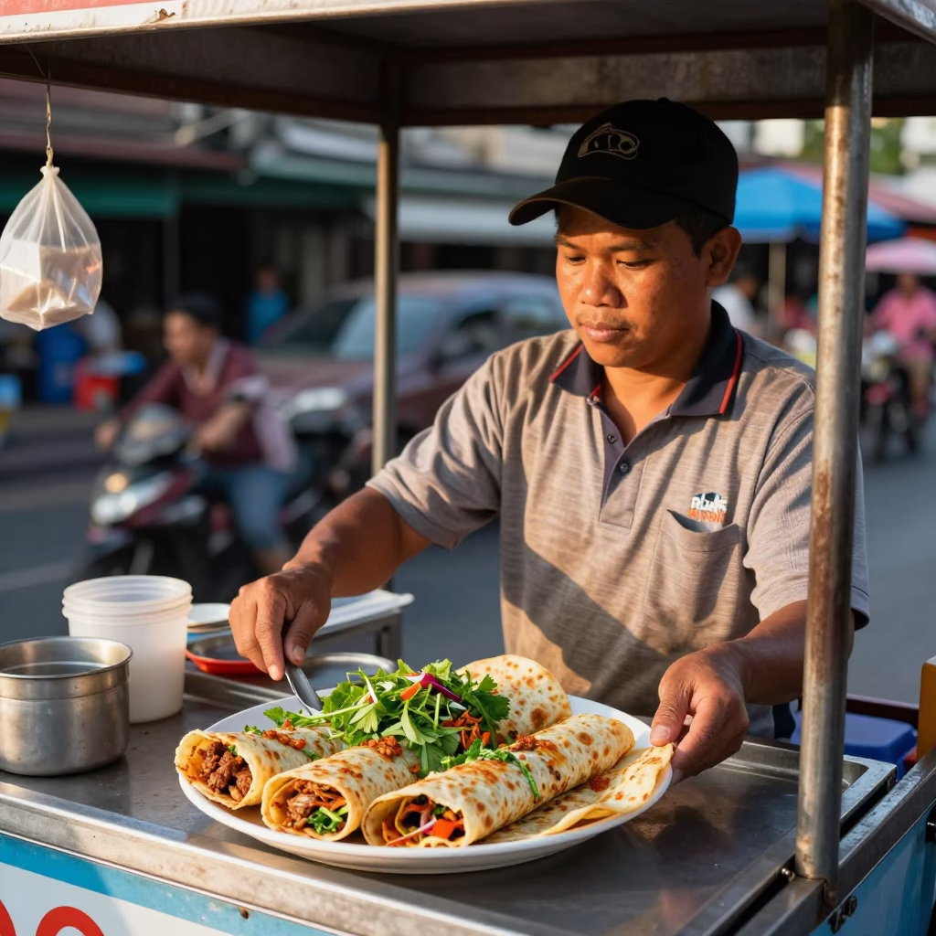 Bangkok Street Vendor Serving Lahmacun in Late Afternoon Light with Urban Background in in Bangkok, Thailand