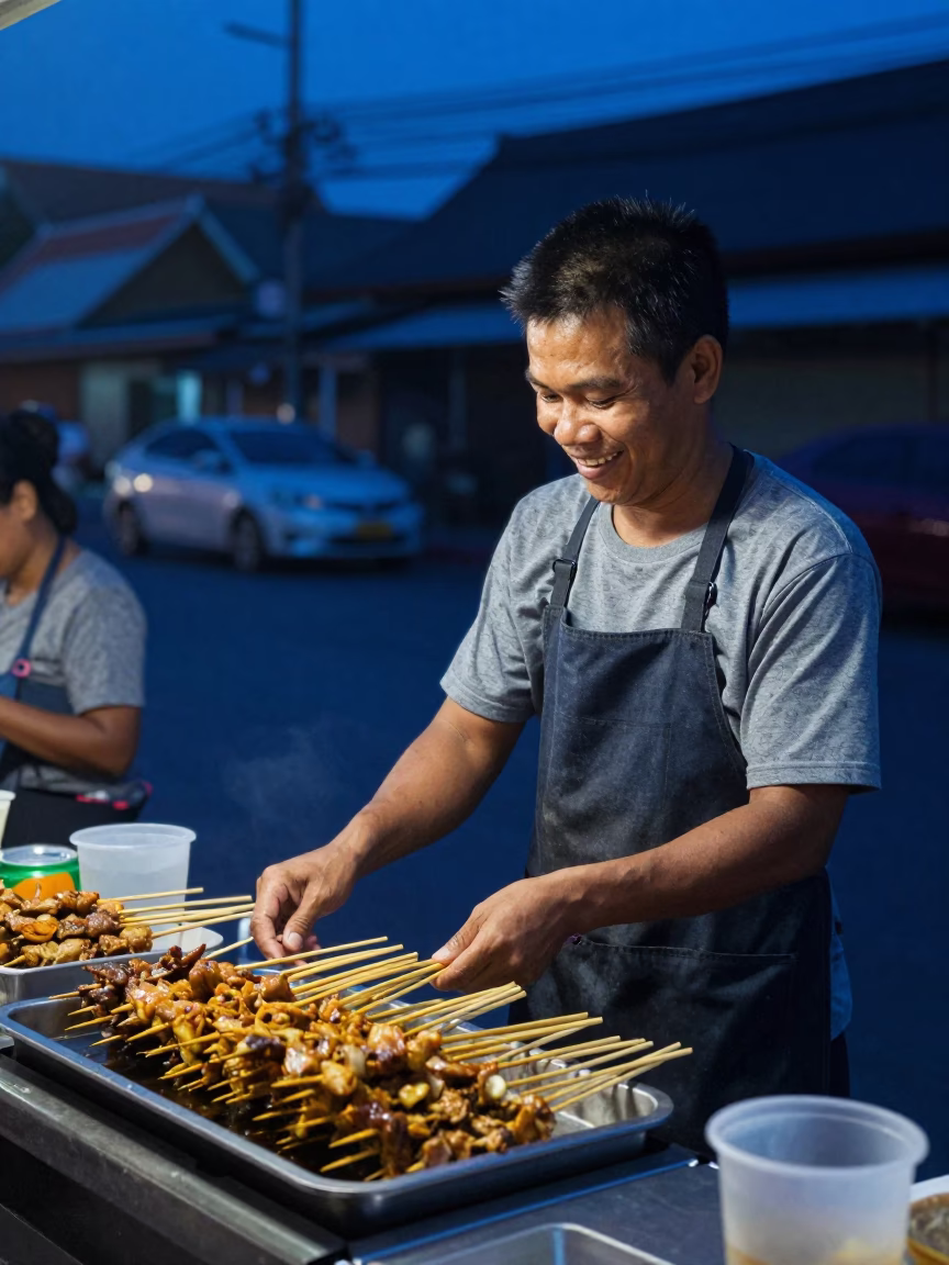 Bangkok Street Vendor Serving Suya Skewers in Indigo Twilight with Chalkboard Menu in in Bangkok, Thailand