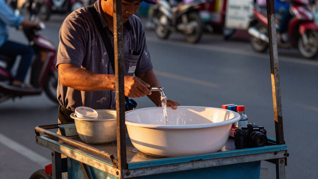 Bangkok Street Vendor Sunset Meal with Wash Basin and Soup in in Bangkok, Thailand