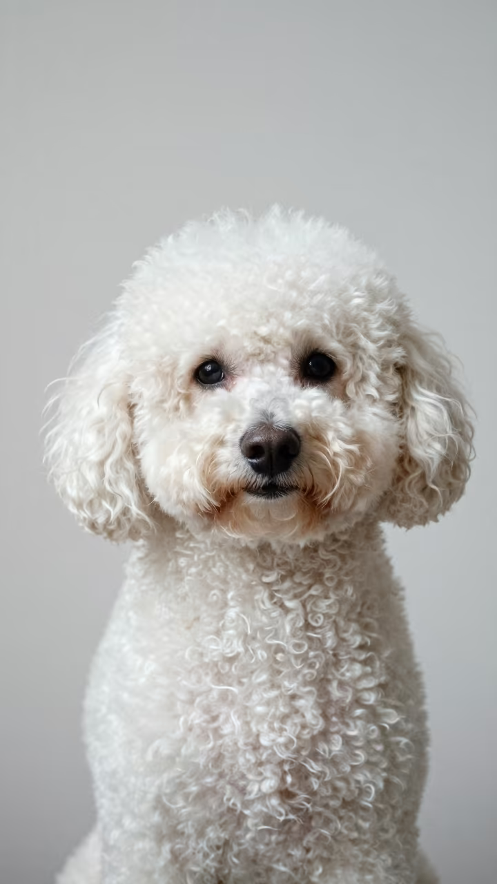 Bangkok Studio Portrait of a Poodle in in a quiet portrait studio with a plain backdrop and eye-level framing in Bangkok