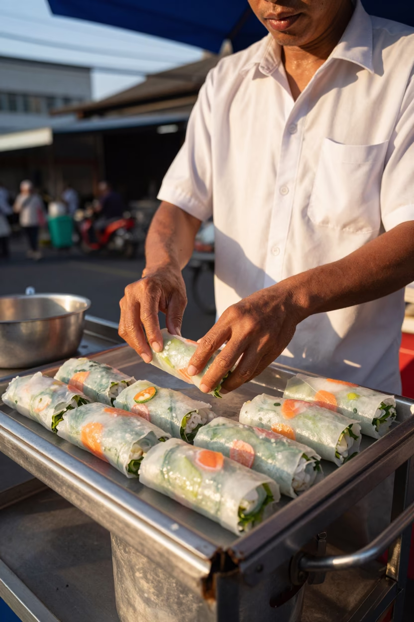 Bangkok Summer Rolls at Clear Late-afternoon Light in in Bangkok, Thailand
