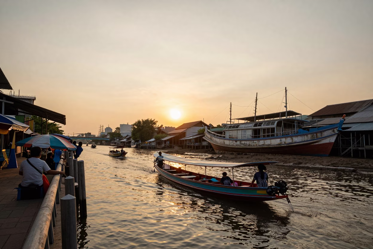 Bangkok Sunset Street Scene with Floating Market Vendor and Junk Boat in in Bangkok, Thailand
