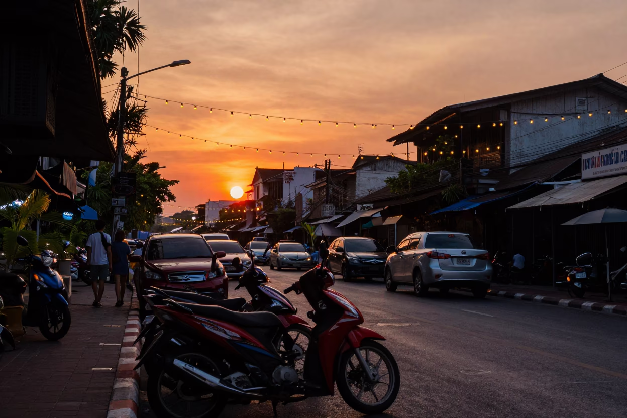 Bangkok Sunset Street Scene with Motorcycles and String Lights in in Bangkok, Thailand