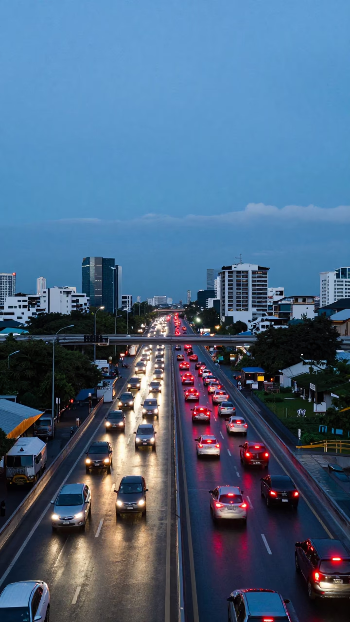 Bangkok Thailand blue hour traffic on elevated highway interchange with wet asphalt reflections in in Bangkok, Thailand