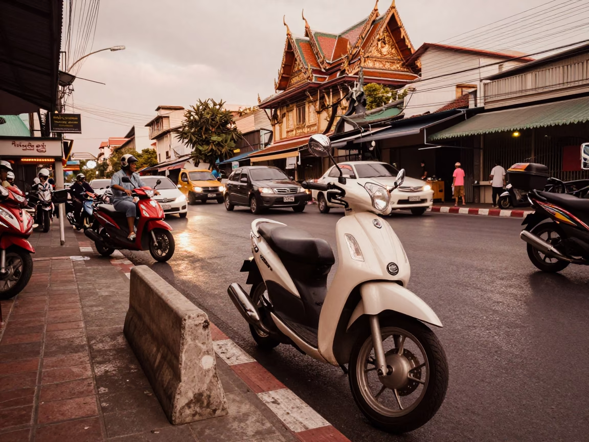 Bangkok Thailand Copper Toned Street Scene With Scooter And Local Market Activity Before Dusk in in Bangkok, Thailand