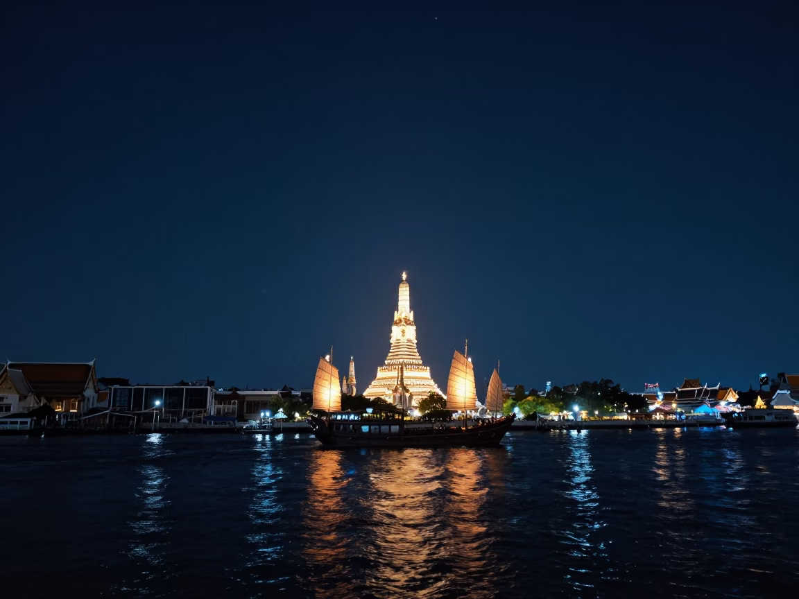 Bangkok Thailand Deep Night Sky Horizon Shot With Traditional Chinese Junk Boat Sails in in Bangkok, Thailand