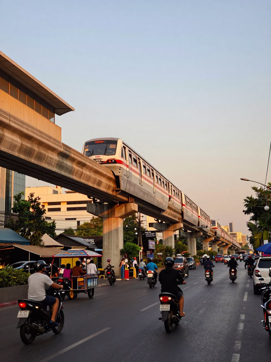 Bangkok Thailand Evening Monorail Passing Over Bustling City Street with Local Market Activity in in Bangkok, Thailand