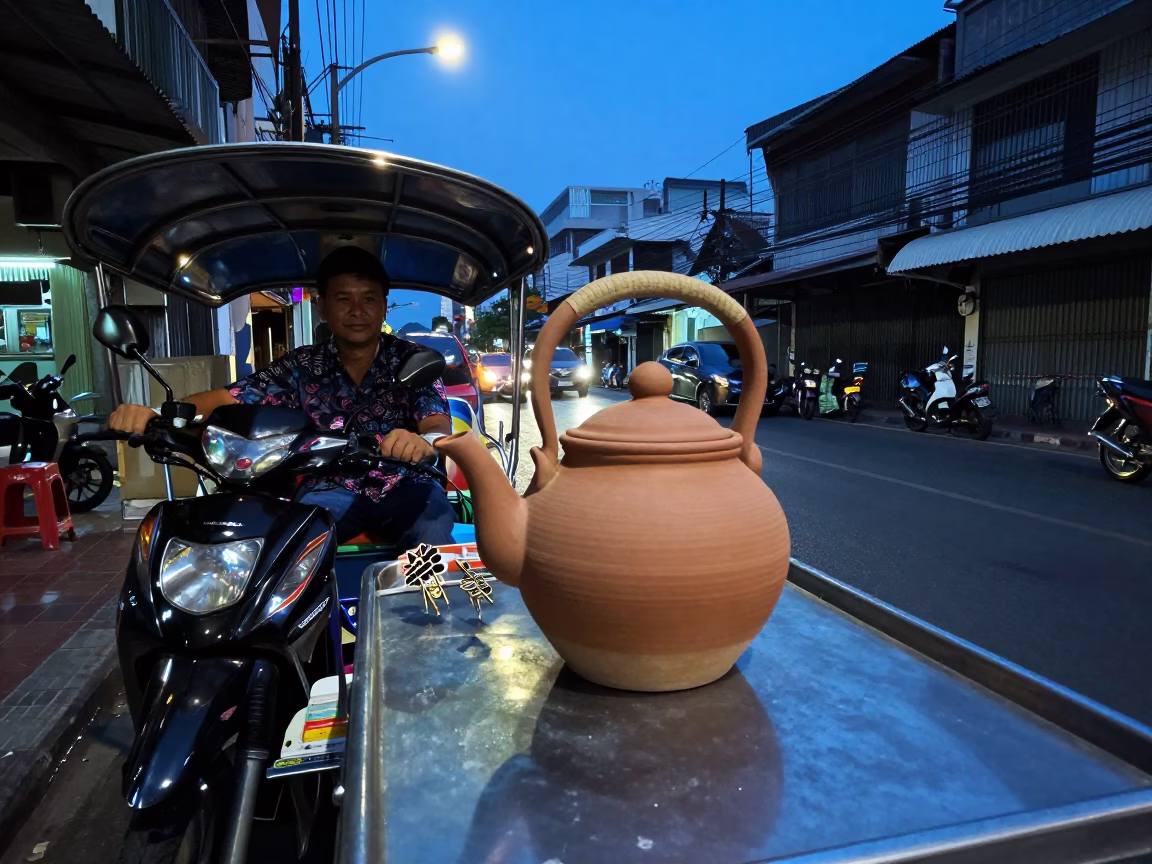 Bangkok Thailand Evening Street Scene with Clay Teapot and Pin Tin Vendor in in Bangkok, Thailand