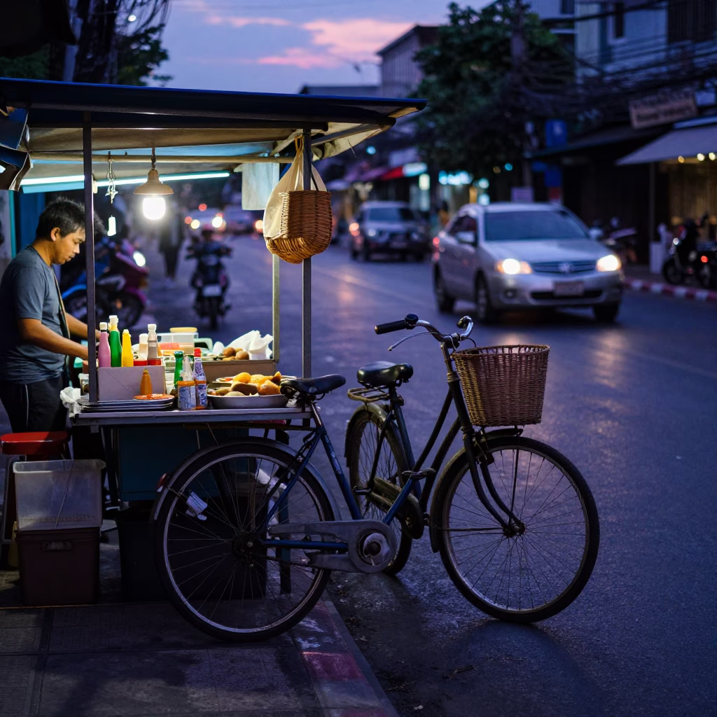 Bangkok Thailand indigo twilight street scene with bicycle basket and drying towels in in Bangkok, Thailand