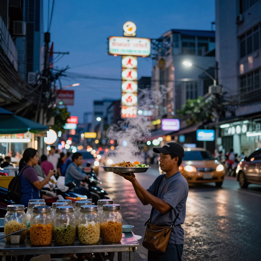 Bangkok Thailand indigo twilight street scene with jam jar and porcelain details in in Bangkok, Thailand
