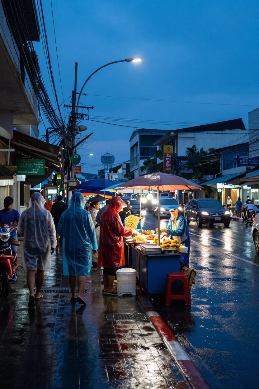 Bangkok Thailand indigo twilight street scene with raincoats and local commerce in in Bangkok, Thailand