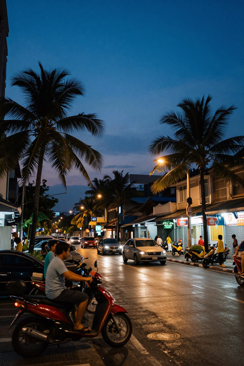 Bangkok Thailand Indigo Twilight Street Scene with Vintage 1980s Aesthetic and Local Market Details in in Bangkok, Thailand