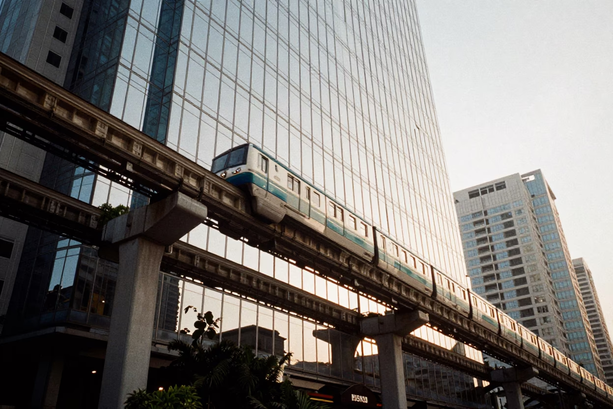 Bangkok Thailand Late Afternoon Monorail Reflection in Glass Skyscraper in in Bangkok, Thailand