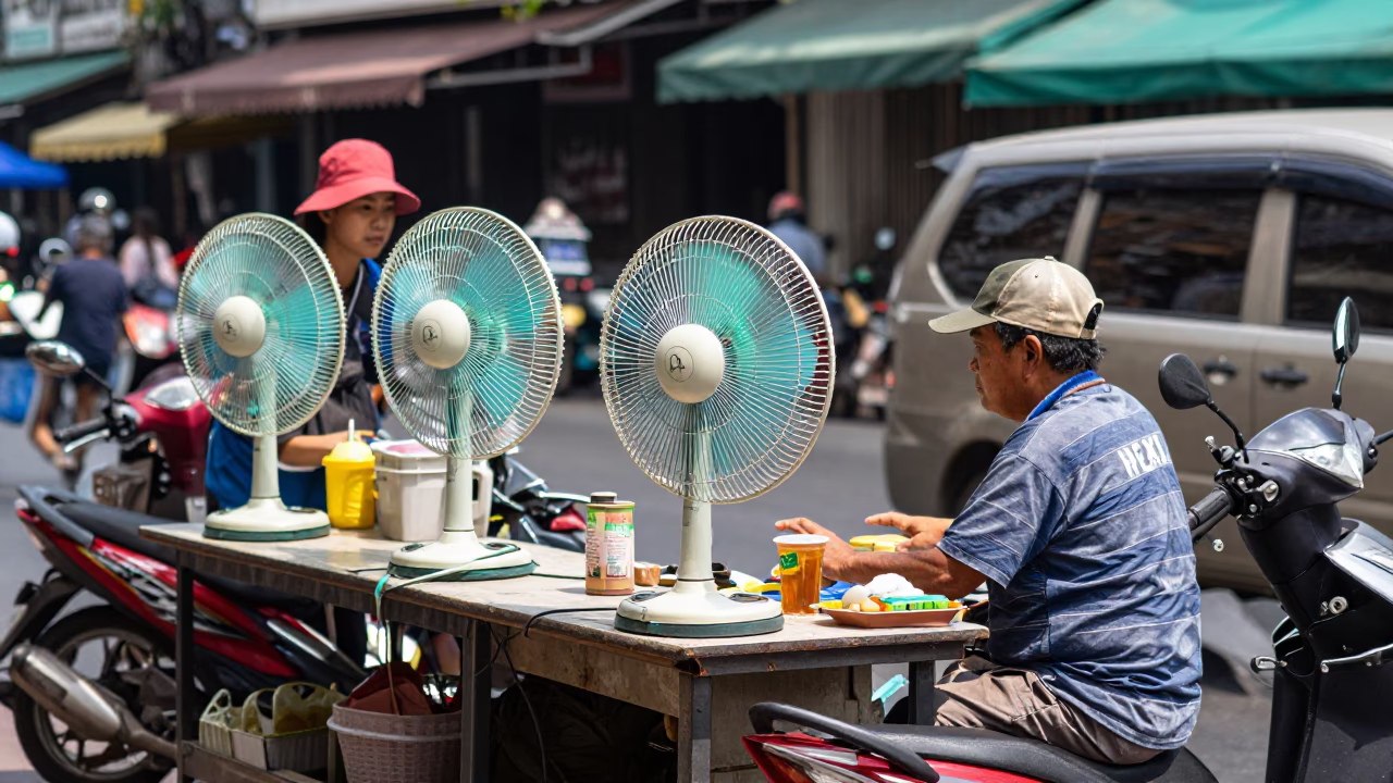Bangkok Thailand Midday Street Scene with Table Fans and Scooter Traffic in in Bangkok, Thailand