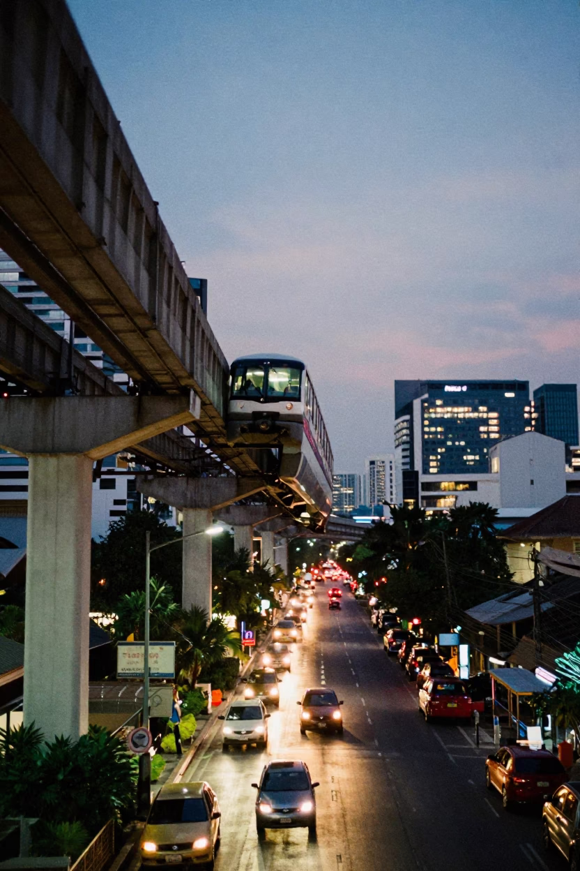 Bangkok Thailand Monorail Overhead Street Scene at Dusk with Urban Details in in Bangkok, Thailand