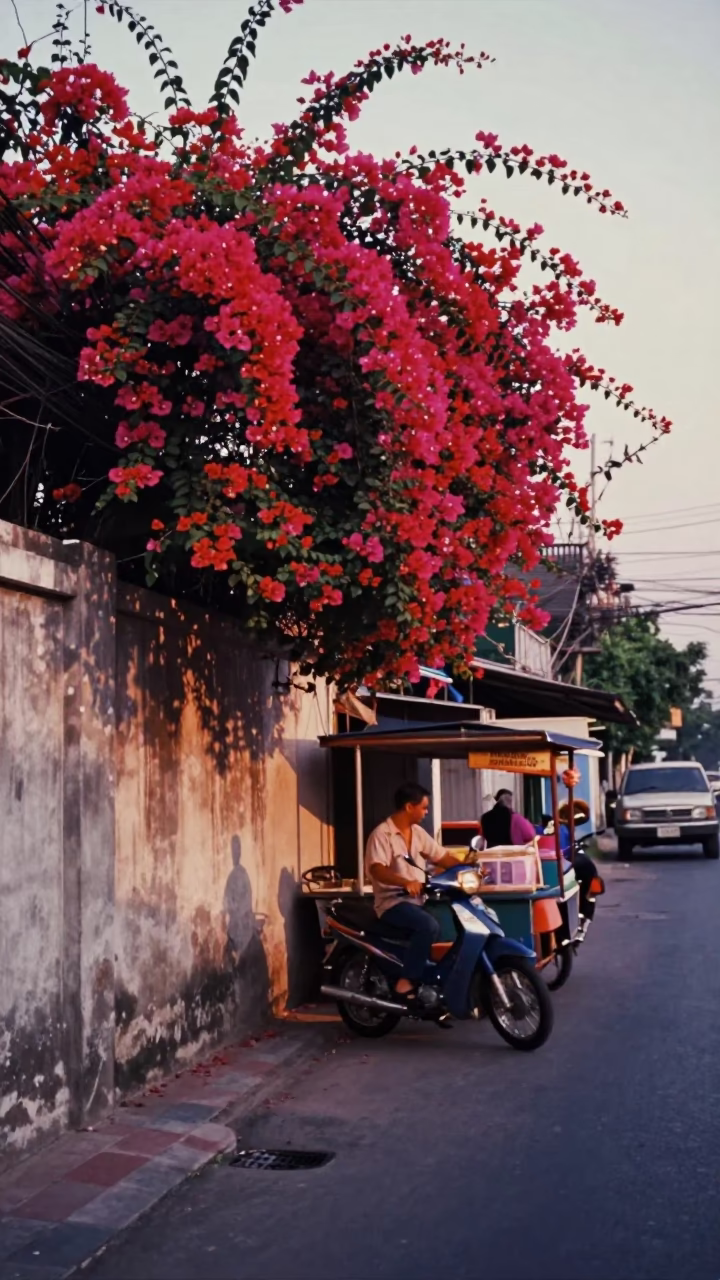 Bangkok Thailand Nautical Dawn Street Scene with Bougainvillea and Local Life in in Bangkok, Thailand