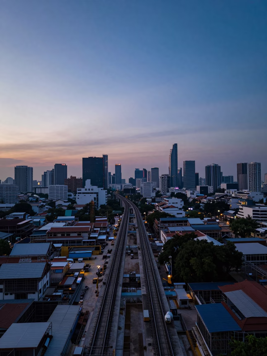 Bangkok Thailand pre-dawn skyline monorail track construction site horizon shot in in Bangkok, Thailand