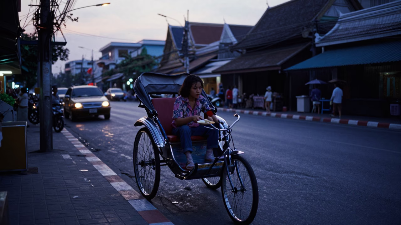 Bangkok Thailand Pre-Dawn Street Scene with Rickshaw and Dumplings in in Bangkok, Thailand