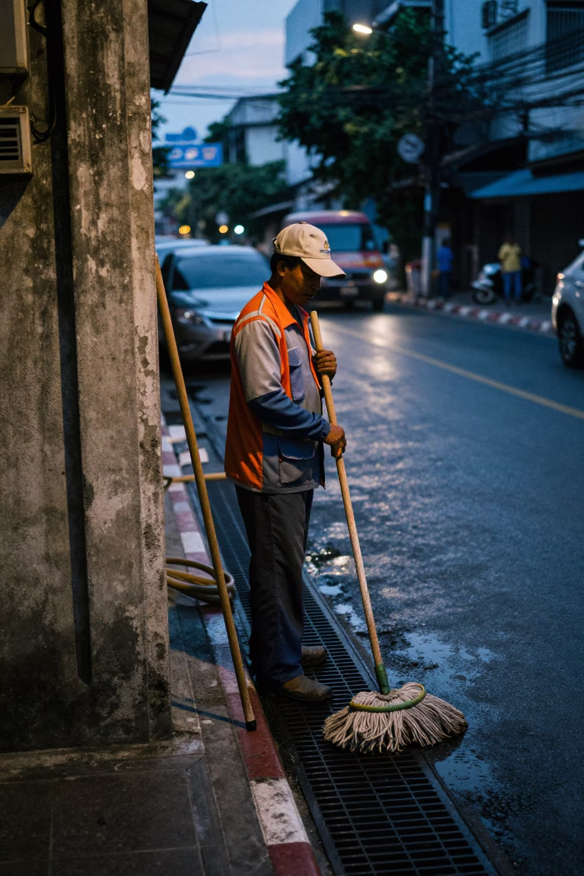 Bangkok Thailand Predawn Street Scene With Mops And Hose Nozzle Near River in in Bangkok, Thailand