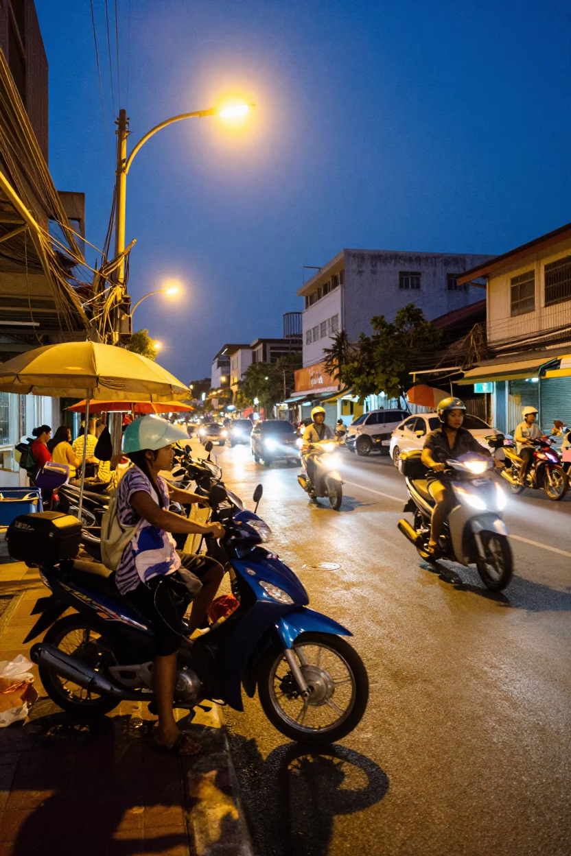 Bangkok Thailand street scene at blue hour with vendor and motorbikes in in Bangkok, Thailand