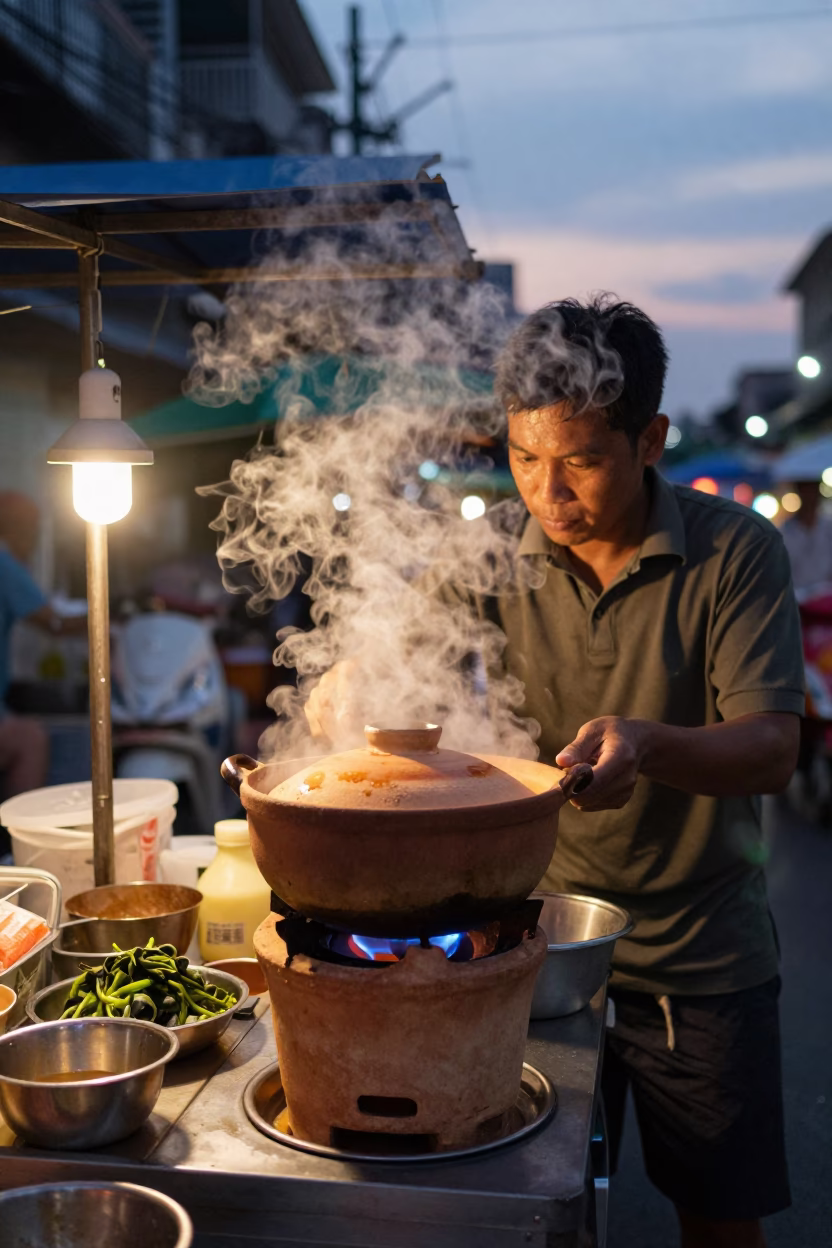 Bangkok Thailand street vendor evening with clay pot steam and fruit crate in in Bangkok, Thailand