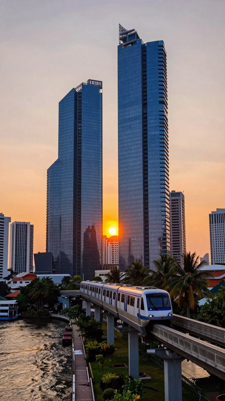 Bangkok Thailand Sunset Skytrain Monorail Passing Glass Towers and Palm Trees in in Bangkok, Thailand