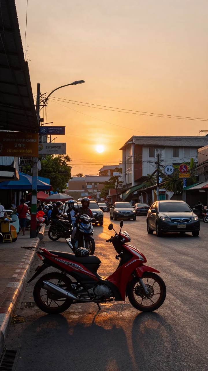 Bangkok Thailand Sunset Street Scene with Motorbike and Local Commerce in in Bangkok, Thailand