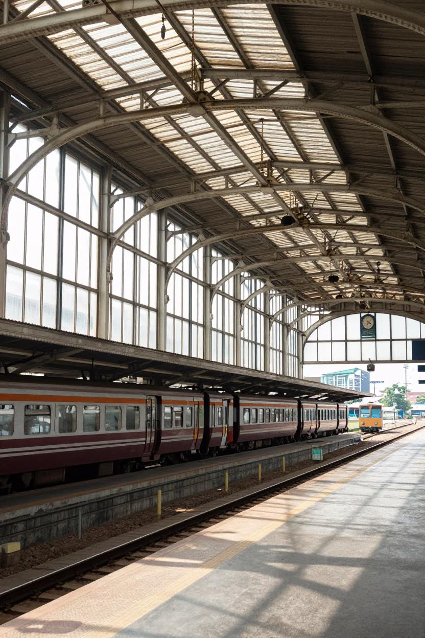 Bangkok Train Station Arched Roof Midmorning Light Lockbox Platform Scene in in Bangkok, Thailand