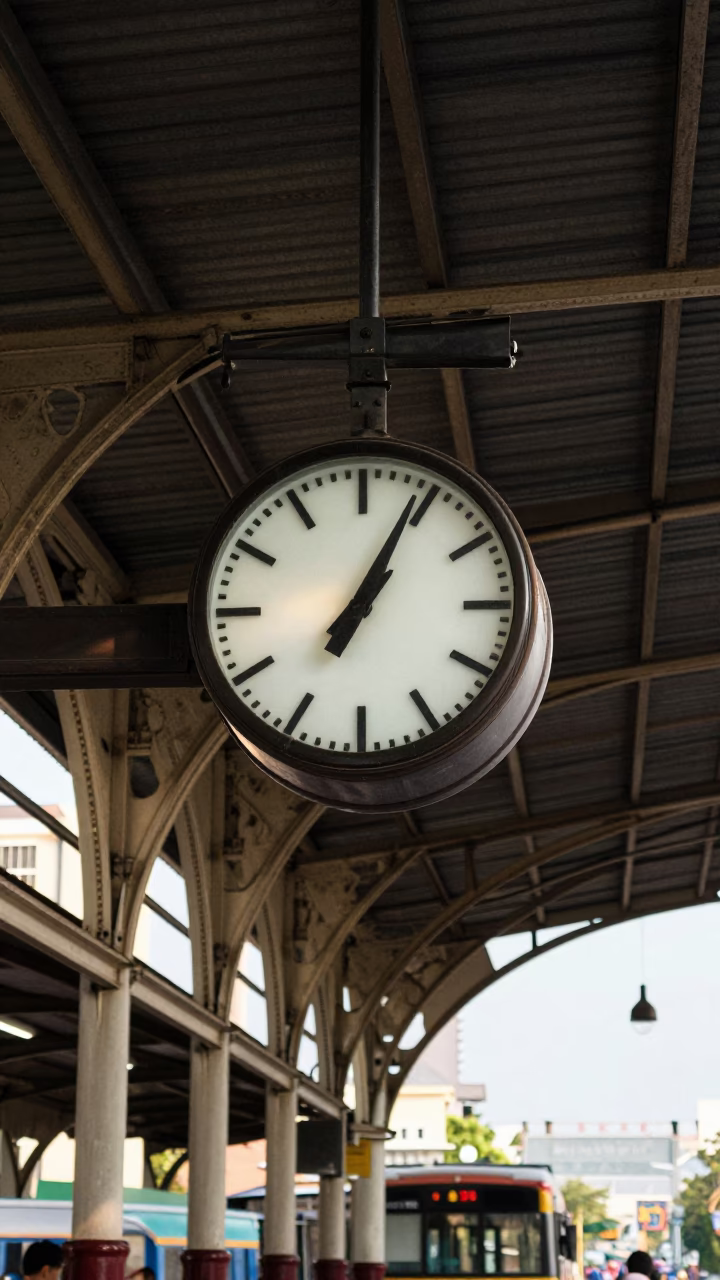 Bangkok Train Station Clock Under Iron Roof Late Afternoon Light in in Bangkok, Thailand