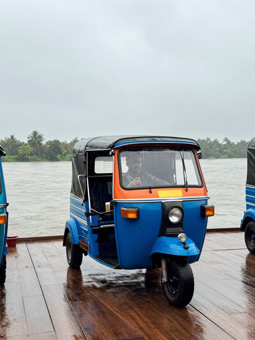 Bangkok Tuk Tuk on Sri Lanka Ferry Crossing in across a remote ferry crossing in Sri Lanka
