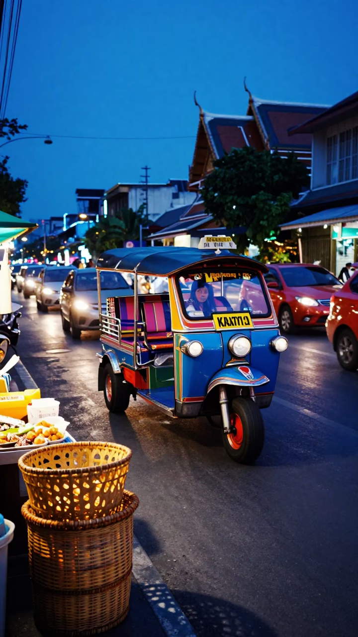Bangkok Tuk-Tuk Traffic in Blue Hour Evening Light with Wicker Shadows in in Bangkok, Thailand