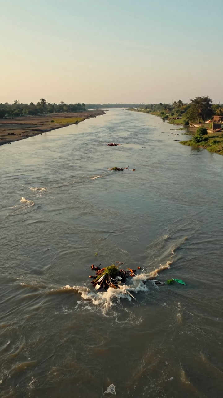 Bangladesh River Flood Carries Debris at Sunset in in Bangladesh