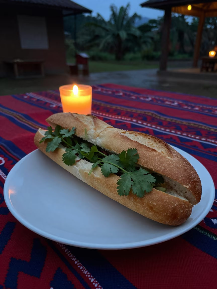 Banh Mi Sandwich with Cilantro Candlelight in on a picnic blanket in Monywa