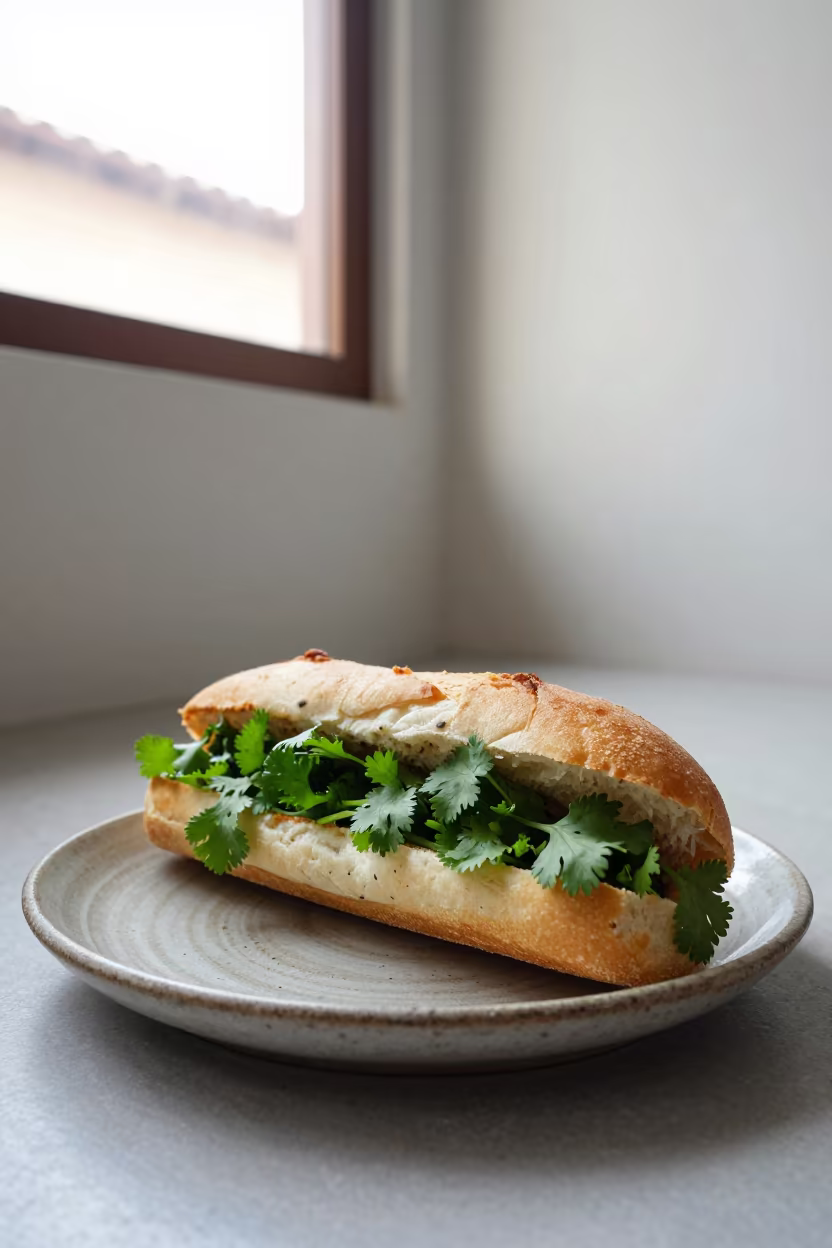 Banh Mi Sandwich Overflowing with Cilantro on Plate in on a ceramic plate by a window in Bucaramanga