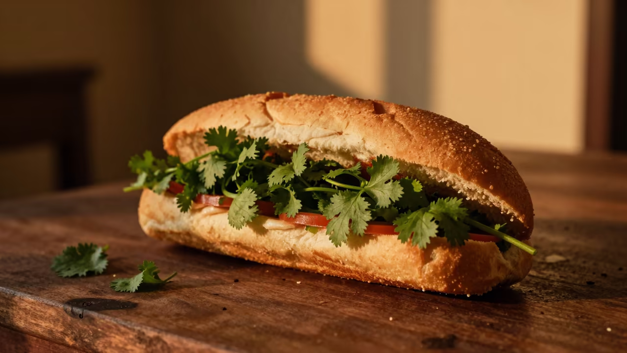 Banh Mi with Cilantro Sunset Light District 4 in on a rustic wooden table in District 4, Ho Chi Minh City