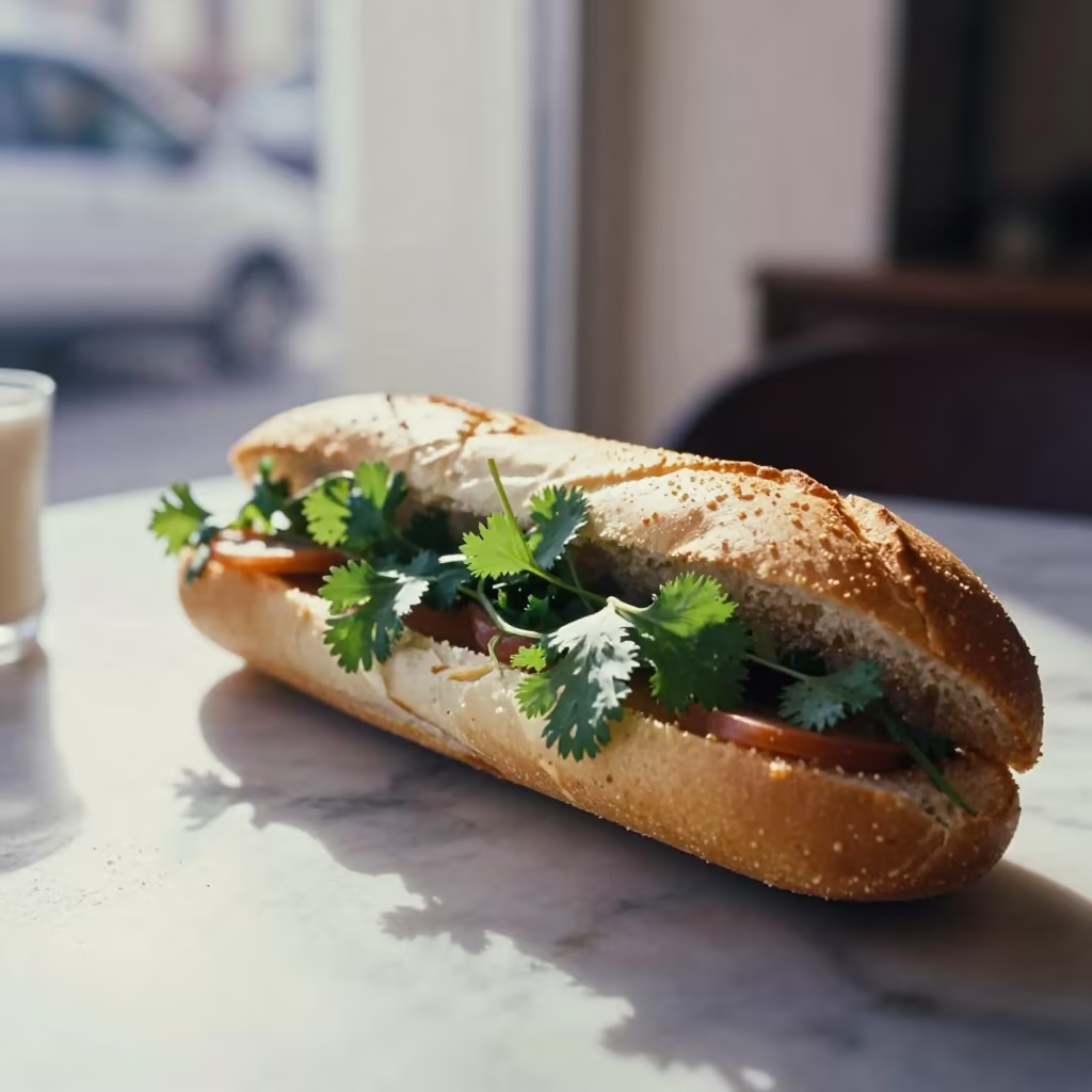 Banh Mi Sandwich on Marble Table in on a marble cafe table in Afyonkarahisar